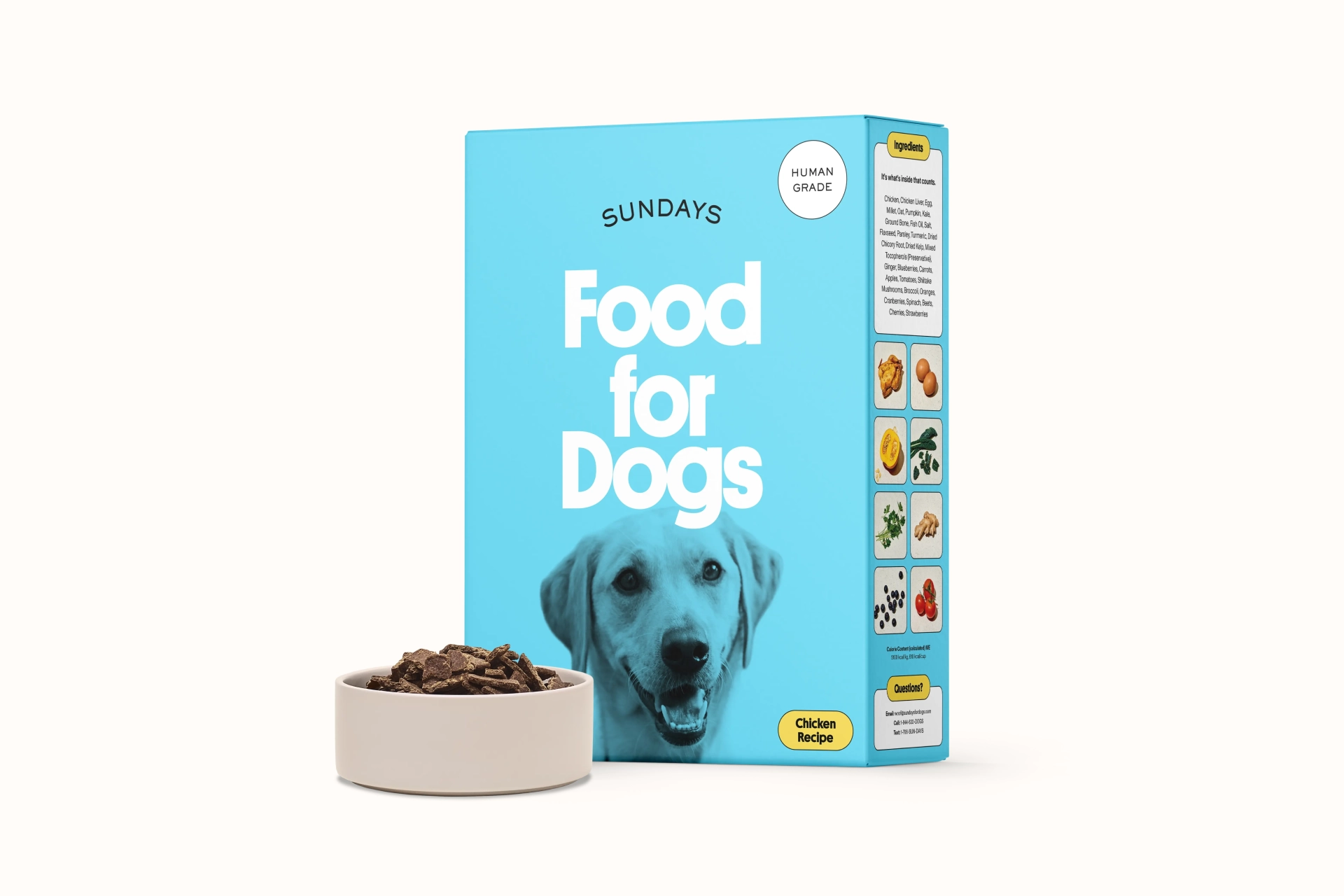 Sundays for Dogs blue box and bowl full of chicken dog food