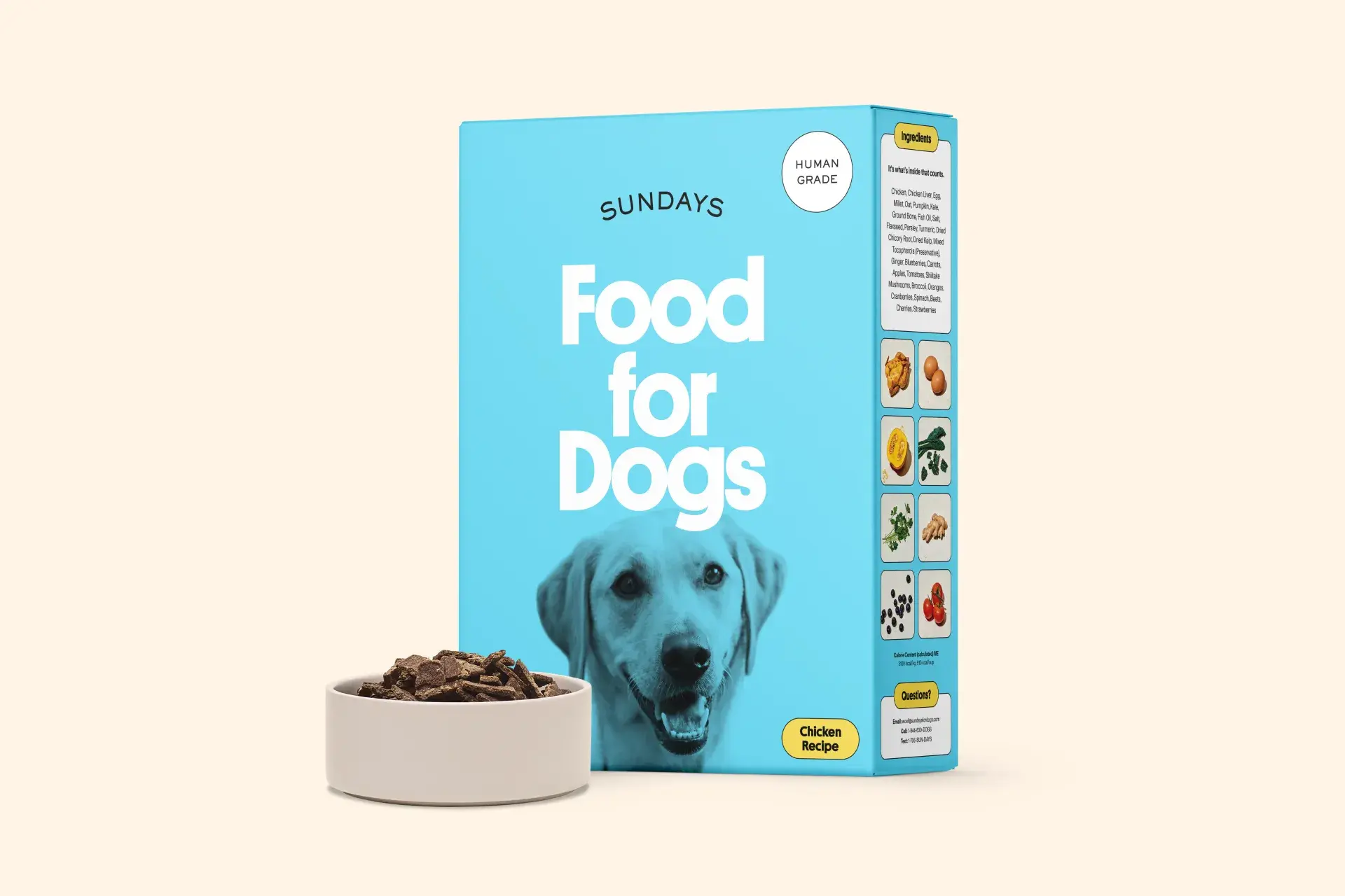 Sundays for Dogs blue box and bowl full of chicken dog food