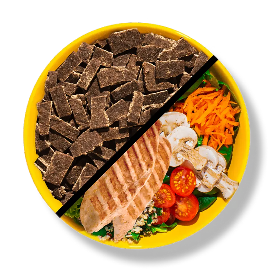 Bowl of our chicken recipe shown side by side with the actual ingredients